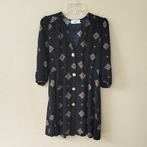 Carly Jean Los Angeles Black Brown Boho Button Front Dress - Size Large